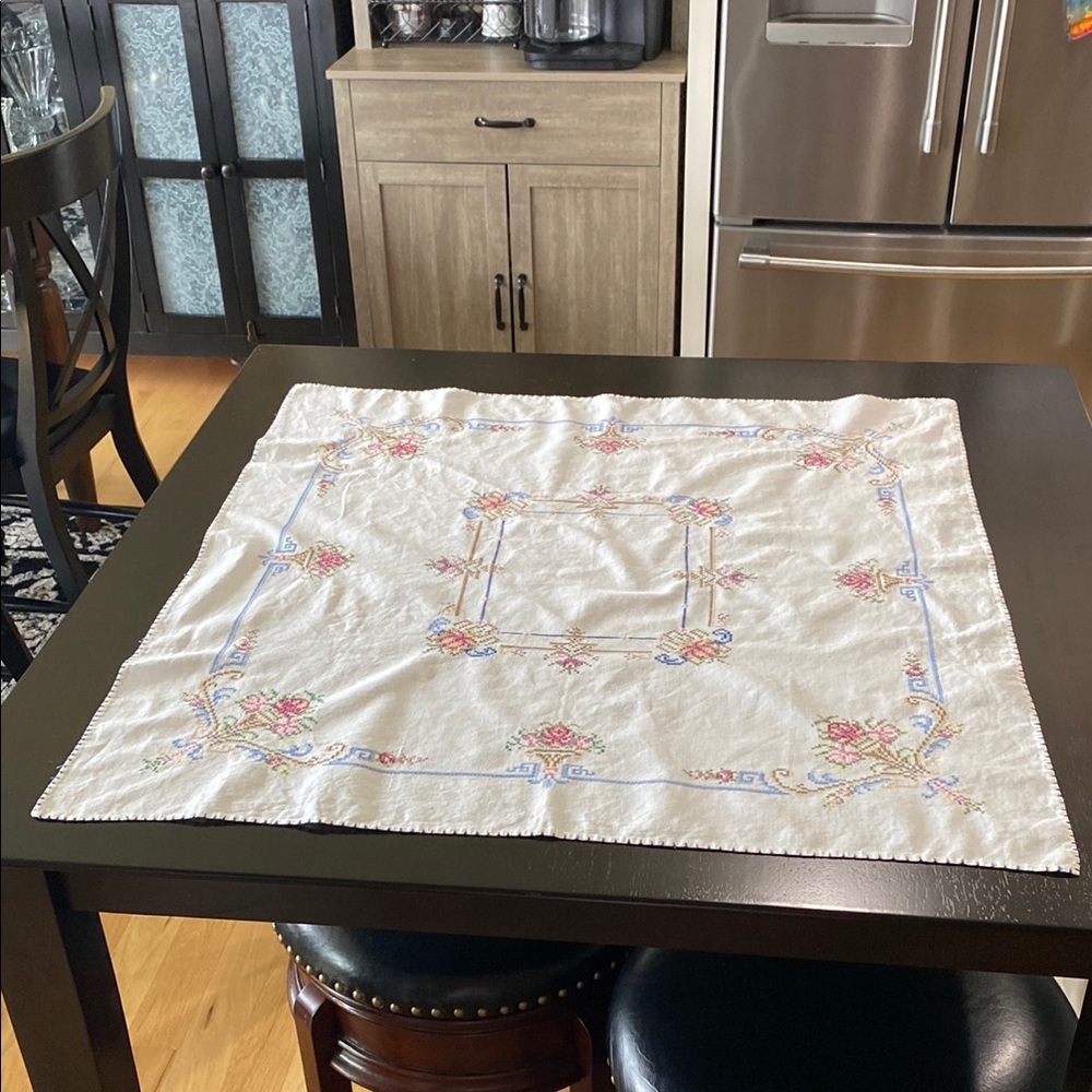Vintage Embroidered Square Tablecloth - White with Pastel Floral Accents!